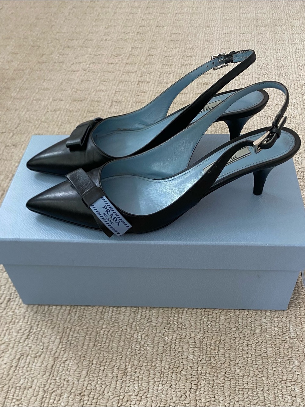 Prada Navy Slingback Kitten Heel Pumps with Prada logo Accent - size 7
